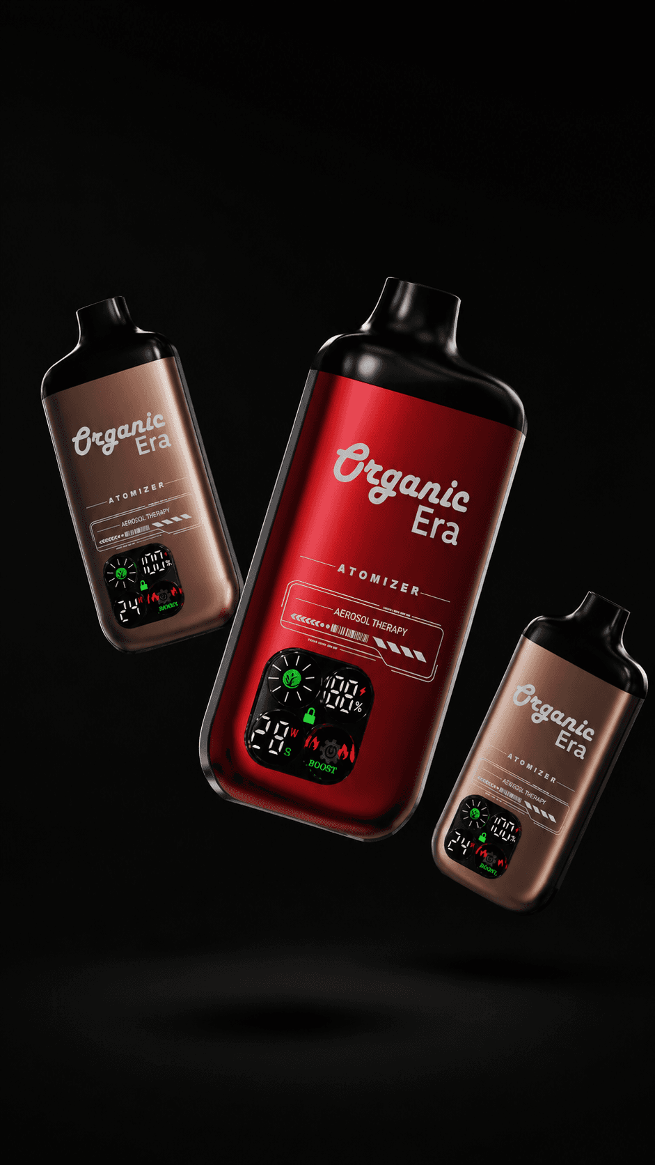 Organic Era atomizer trio, editorial dark composition