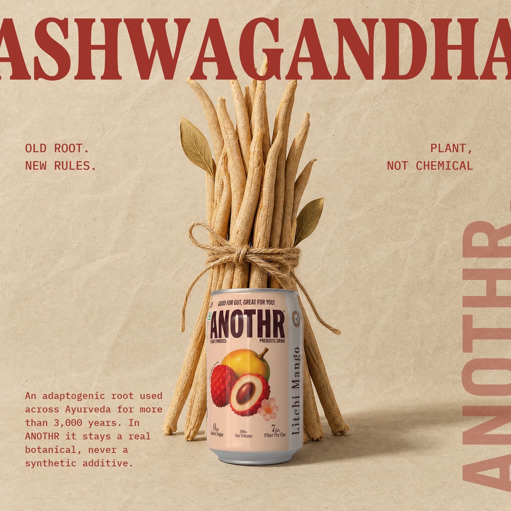 Ashwagandha editorial creative: old root, new rules, with the ANOTHR Litchi Mango can